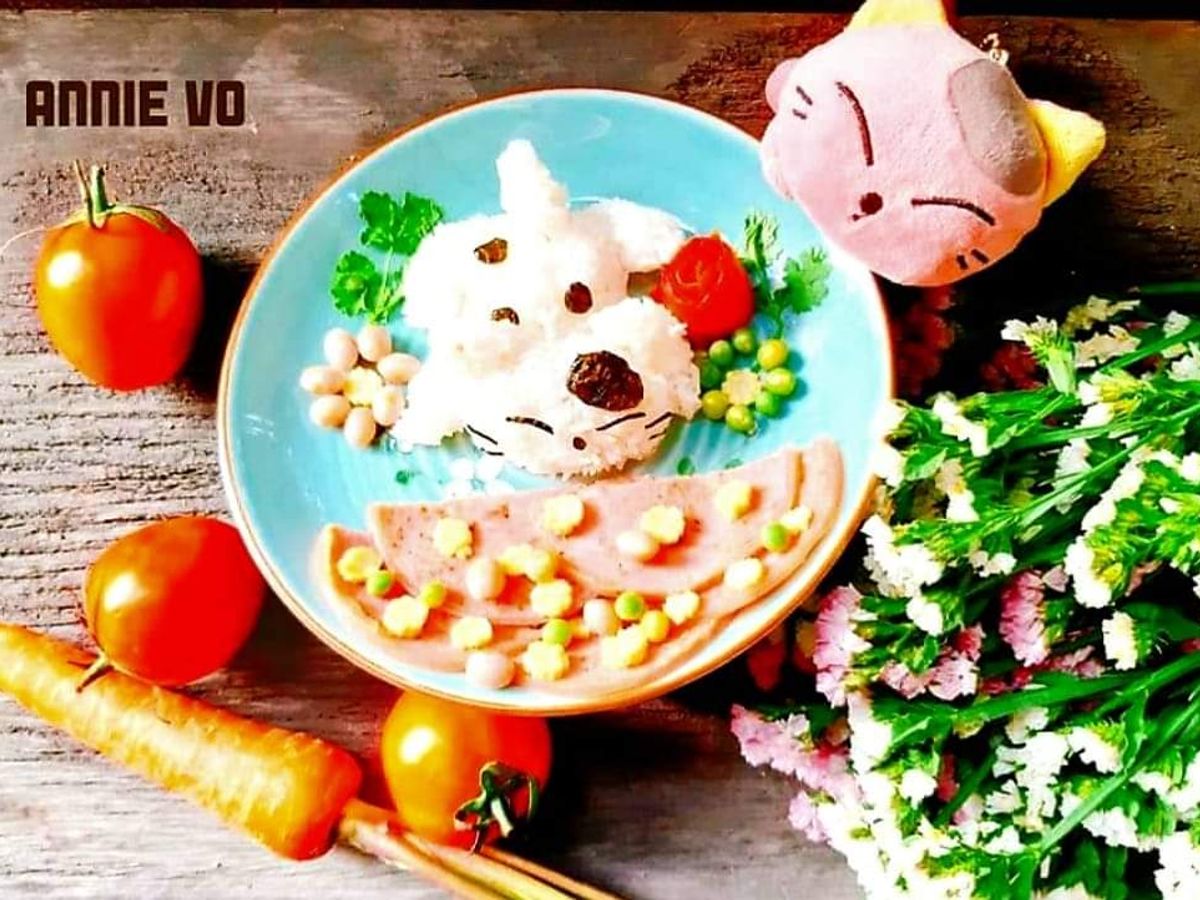 Cơm bento: Mèo con xinh xắn (Jambon rau củ luộc)