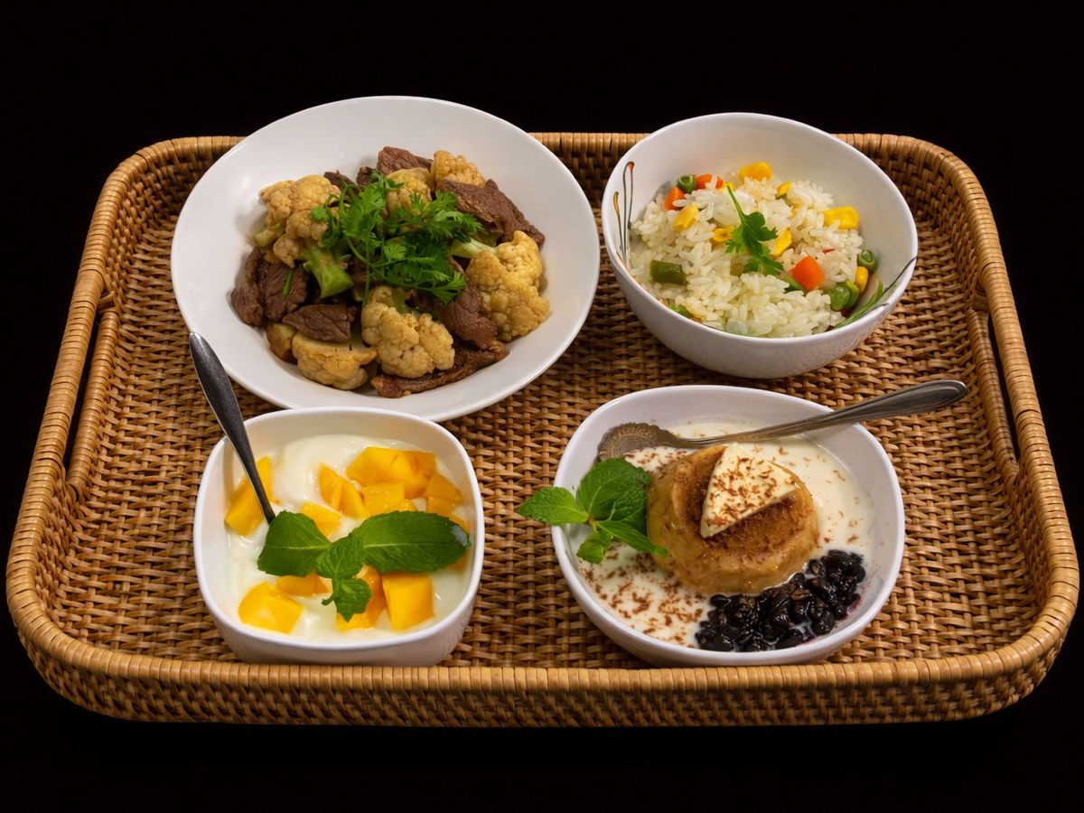 SP.0749 - Cơm Ngũ Sắc - Bò Xào Súp Lơ - Bánh Flan Việt Quốc - Sữa Chua Trộn Xoài