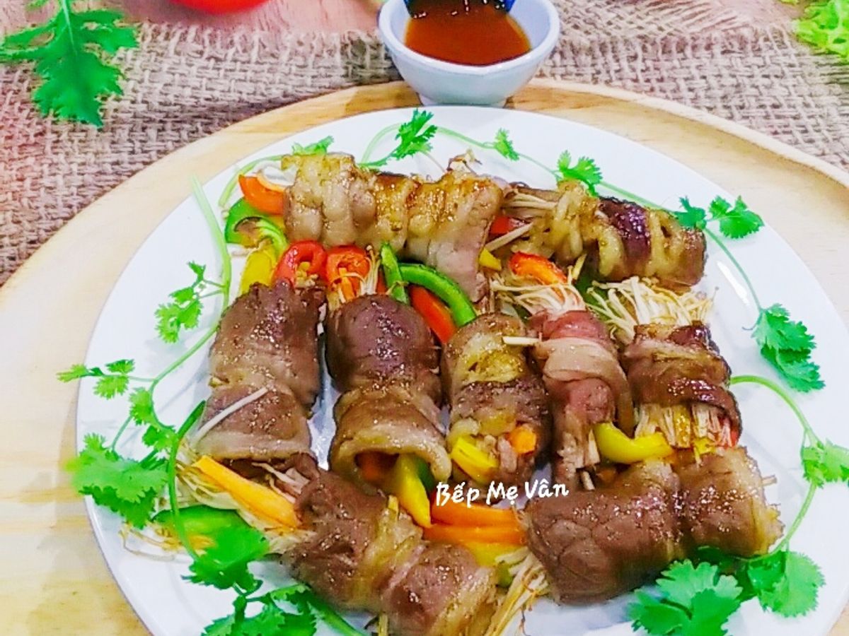 Thịt bò ba chỉ Mỹ cuộn rau củ nướng nồi chiên ko dầu