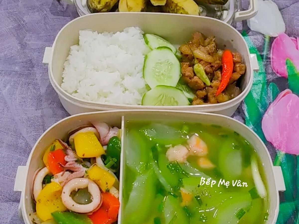 Hộp Cơm Vui Vẻ 4: (Thịt kho mắm ruốc sả, mực xào ớt...)