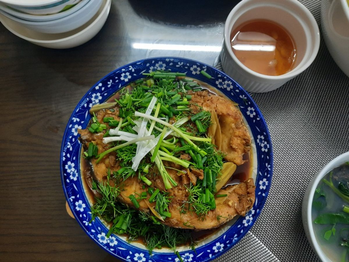 Cá song (mú) hấp xì dầu riềng sả