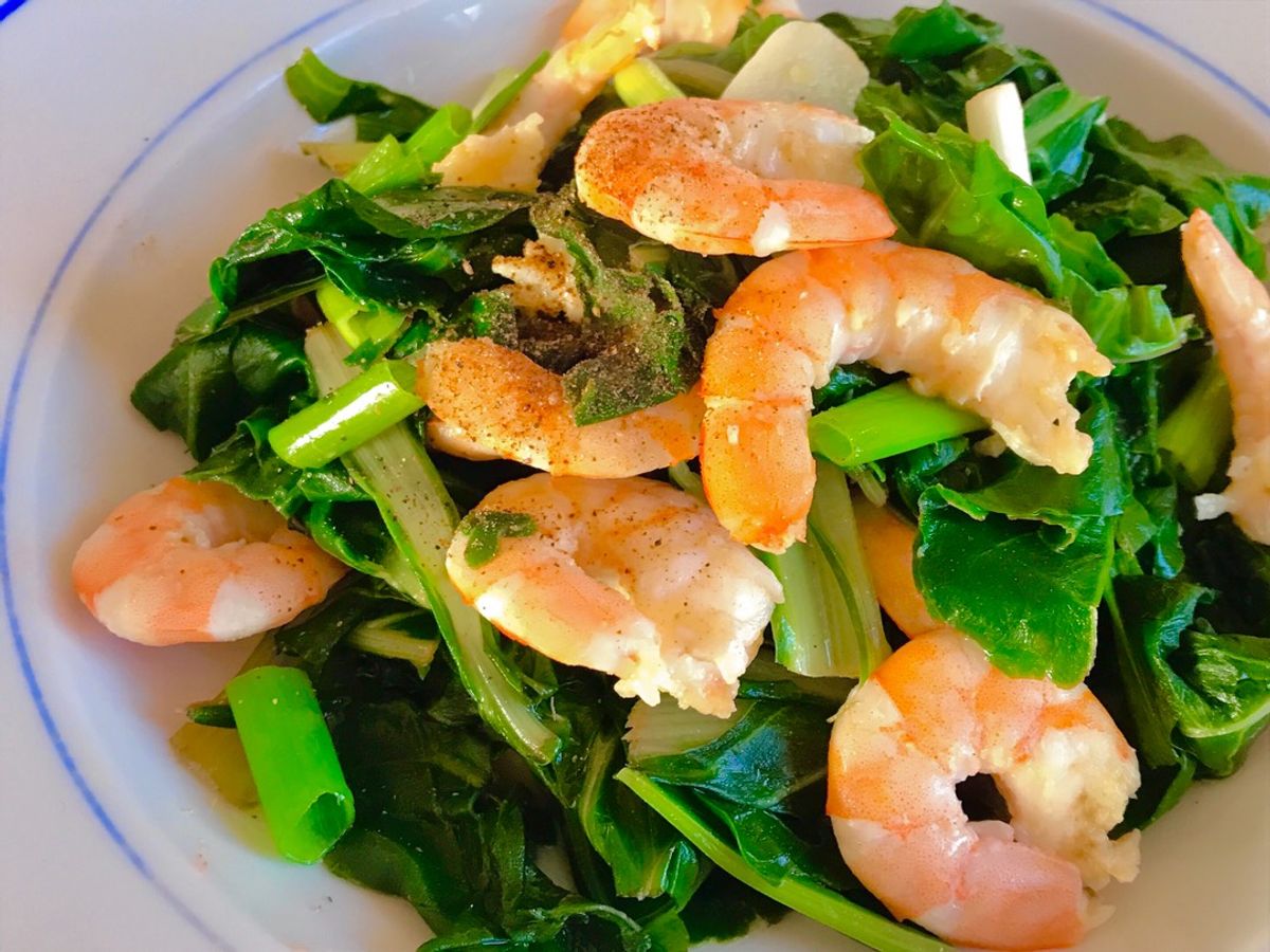 Cải Bẹ Trắng Xào Tôm Sắt