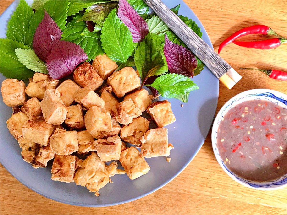 Đậu Hủ Chiên Giòn Chấm Mắm Tôm Kèm Kinh Giới Tía Tô